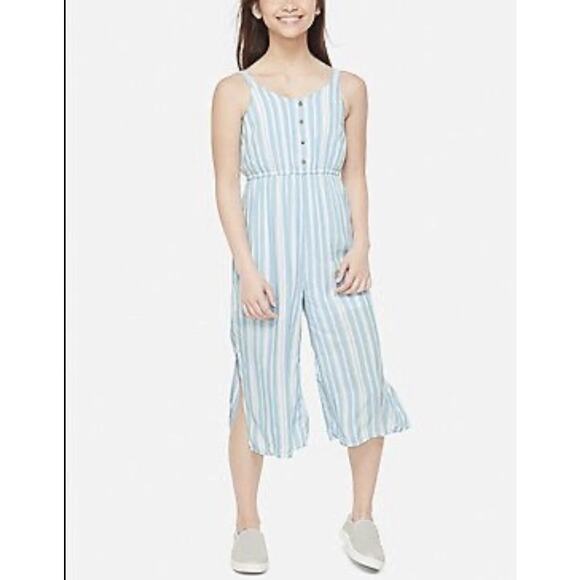 Justice Blue White Striped Quarter Button Jumpsuit - Picture 1 of 8
